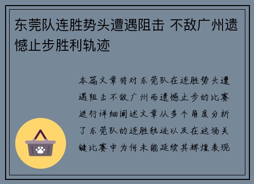 东莞队连胜势头遭遇阻击 不敌广州遗憾止步胜利轨迹