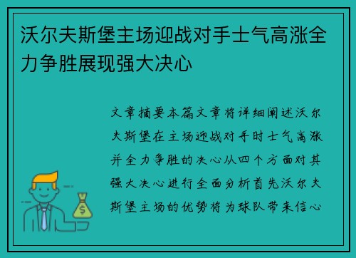 沃尔夫斯堡主场迎战对手士气高涨全力争胜展现强大决心